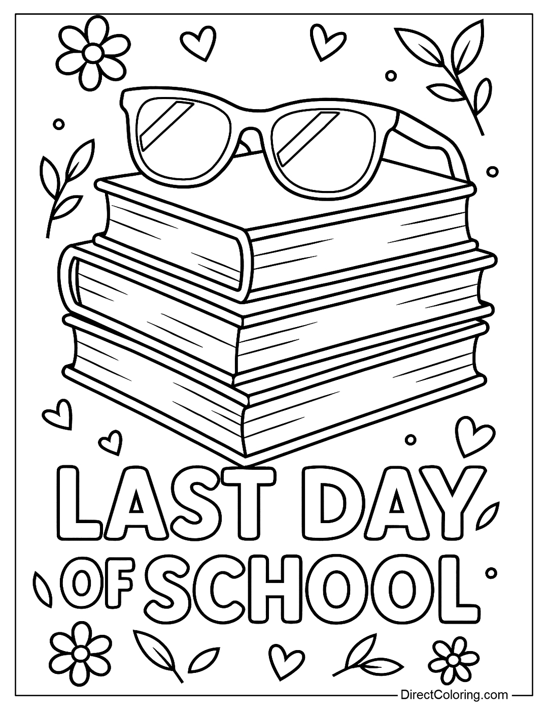 a coloring page of stacked textbooks with sunglasses placed on top, signifying the end of the school year.